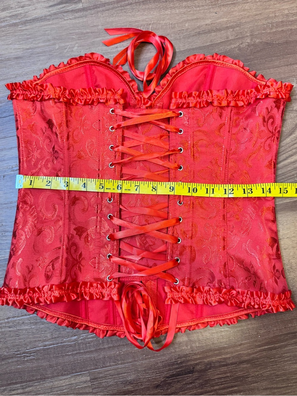 Red Satin Brocade Corset Top With Ruffles and Ribbons size M - Picture 10 of 11